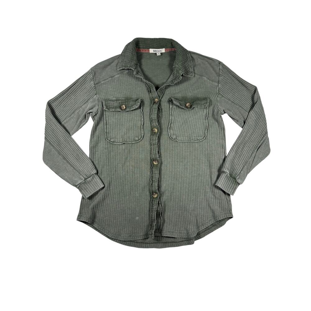 Briggs Women’s Small Olive Green Waffle Knit Button Front Utility Shirt Shacket